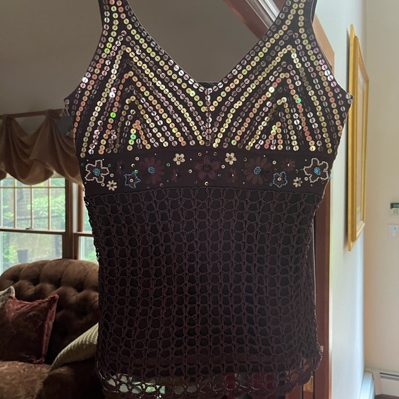 Elegant Boston Proper Brown crotchet sequined 2 layer shirt blouse, size Small - Picture 2 of 4